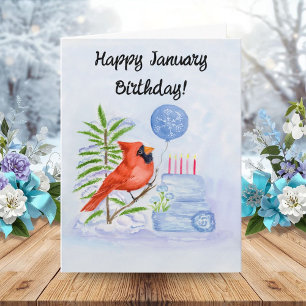 Tarjeta Feliz cumpleaños de enero Cardenal con pastel de c