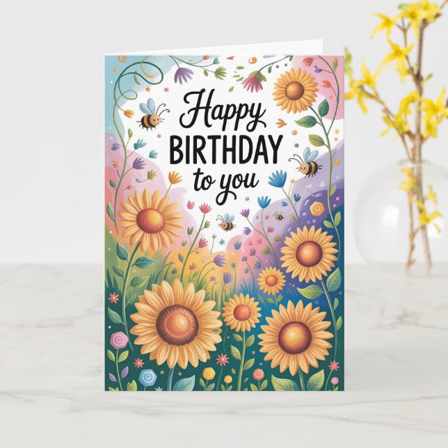 Tarjeta Feliz cumpleaños de girasol y abeja (flor amarilla)