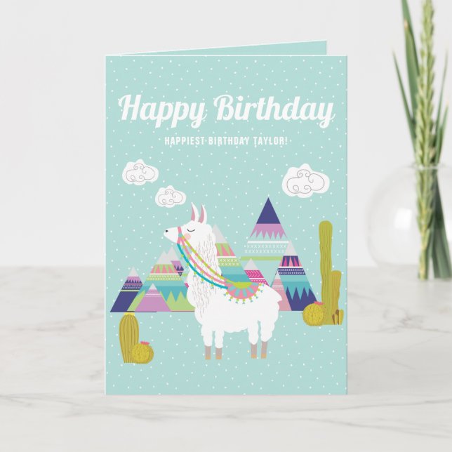 Tarjeta Feliz cumpleaños de la llama linda y colorida (Anverso)