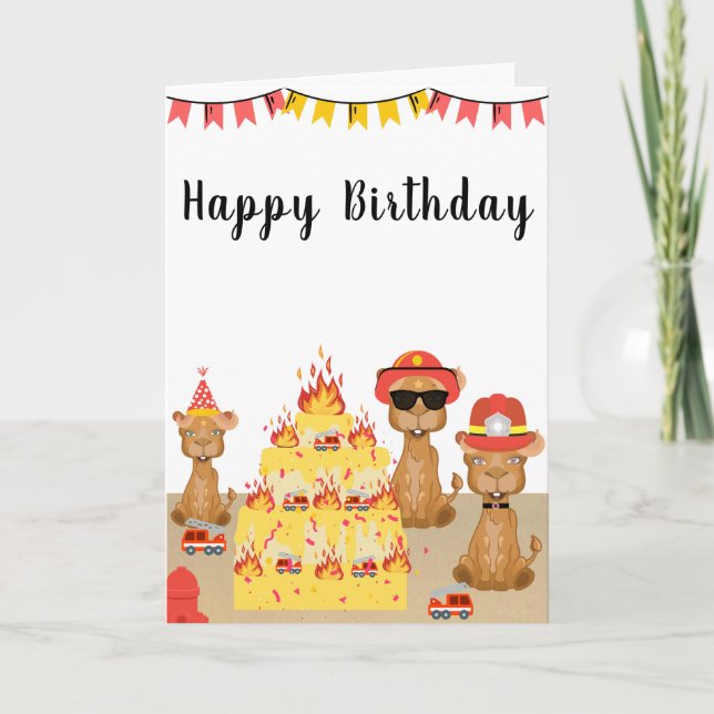 Tarjeta feliz cumpleaños de los bomberos de camellos torta (Anverso)