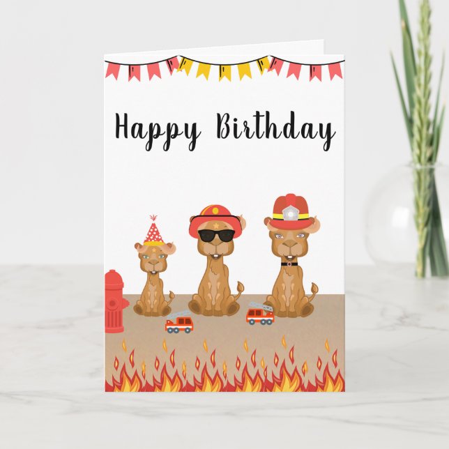 Tarjeta feliz cumpleaños de los bomberos de camellos torta (Anverso)