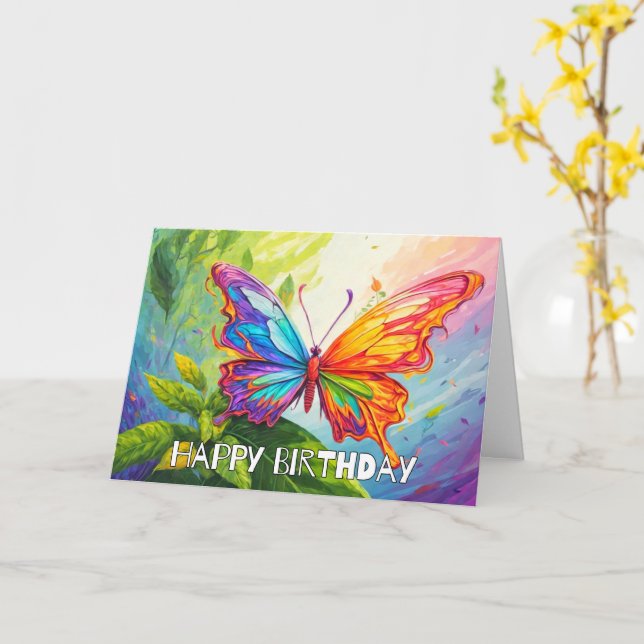 Tarjeta Feliz cumpleaños de mariposa bailadora imaginativa (flor amarilla)