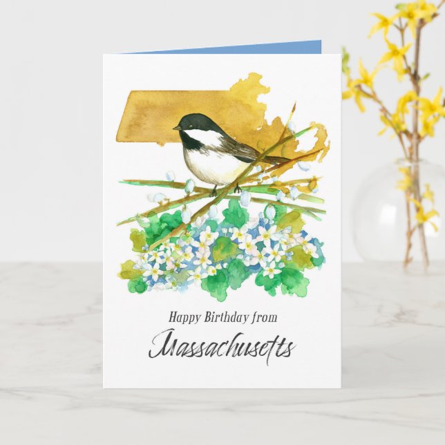 Tarjeta Feliz cumpleaños de Massachusetts Chickadee Flower (flor amarilla)