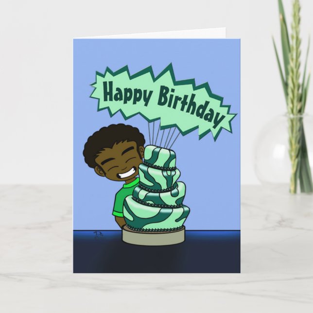 Tarjeta Feliz cumpleaños de niño afroamericano y pastor (Anverso)