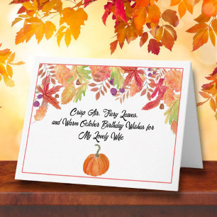 Tarjeta Feliz cumpleaños de octubre esposa con calabaza