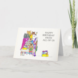 Tarjeta Feliz cumpleaños de todos nosotros, personajes de