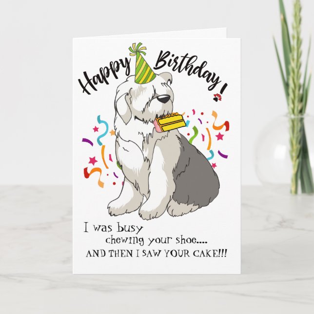 Tarjeta Feliz cumpleaños de tu viejo perro ovino inglés (Anverso)
