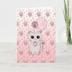 Tarjeta Feliz cumpleaños del Chica de Kitten Rosa Cute