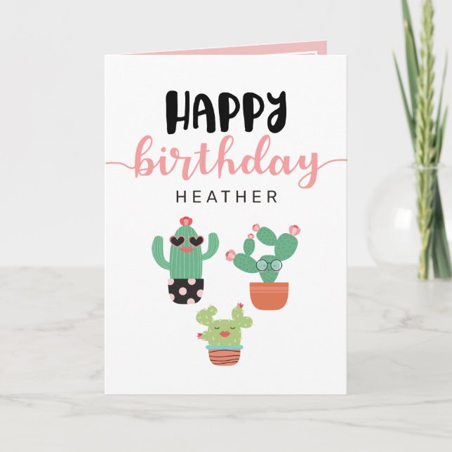Tarjeta Feliz cumpleaños del rosa lindo de los cactus (Anverso)