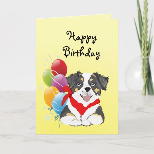 Tarjeta Feliz cumpleaños del tri perrito australiano negro (Anverso)