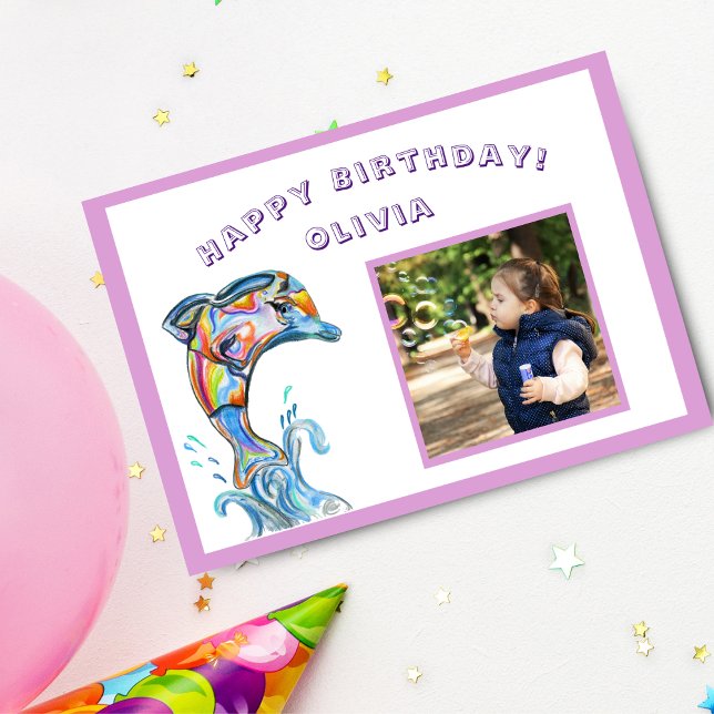 Tarjeta Feliz Cumpleaños Delfín Colorido Foto Personalizad (Dive into a birthday splash with a personalized dolphin celebration card!)