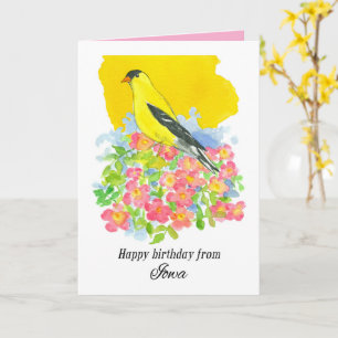 Tarjeta Feliz cumpleaños desde Iowa Goldfinch Wild Roses