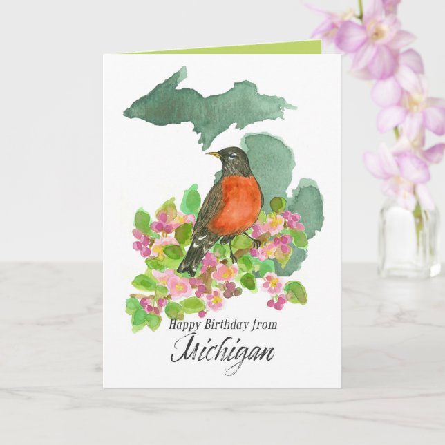 Tarjeta Feliz cumpleaños desde Michigan Robin Apple Blosso (Orquídea)