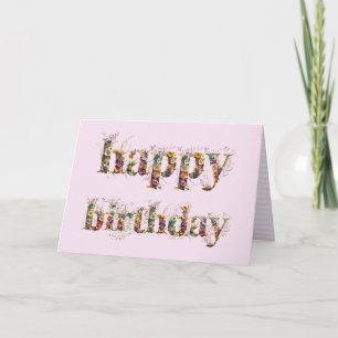 Tarjeta Feliz cumpleaños, diseño de texto de flores secas