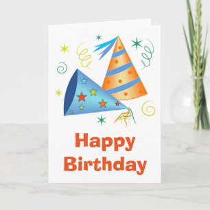 Tarjeta Feliz Cumpleaños Diversión Azul Y Gorras Amarillos