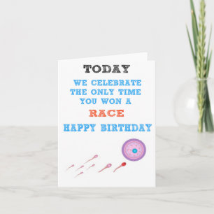 Tarjeta Feliz cumpleaños, divertida carrera de esperma