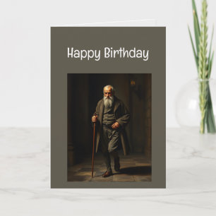 Tarjeta Feliz cumpleaños, divertido joven ahora viejo