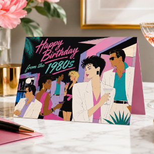 Tarjeta Feliz cumpleaños divertido retro Art Deco neón año