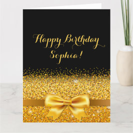 Tarjeta Feliz cumpleaños dorado arco con brillo en negro