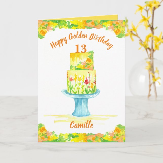 Tarjeta Feliz cumpleaños dorado pastel personalizado nombr (flor amarilla)