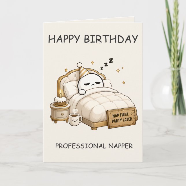 Tarjeta Feliz Cumpleaños Dormilón Profesional – Divertido  (Anverso)