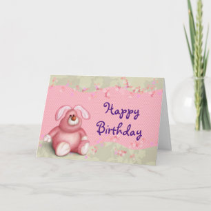 Tarjeta Feliz cumpleaños, dulce conejo rosa con corazón