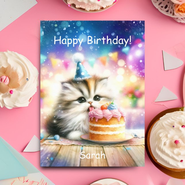 Tarjeta Feliz cumpleaños, dulce Kitty con el pastel person (Purrfect celebration: Sweet kitty, cake, joy. Personalize for unforgettable birthday wishes!)