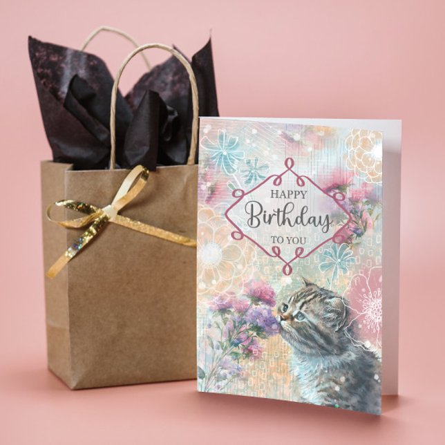 Tarjeta Feliz cumpleaños, dulce Kitty y Collage de flores (Subido por el creador)