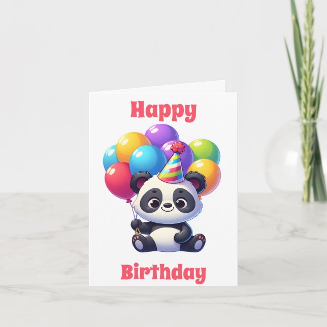 Tarjeta Feliz cumpleaños, dulce panda con globos (Anverso)