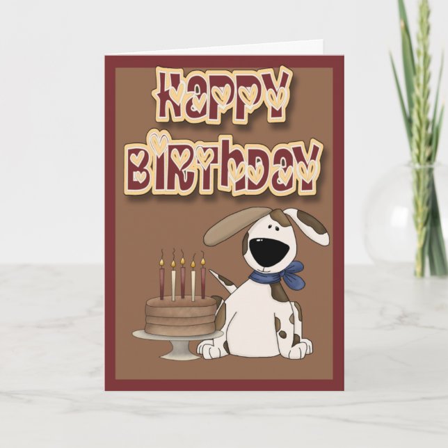 Tarjeta Feliz cumpleaños, dulce perro y pastel (Anverso)