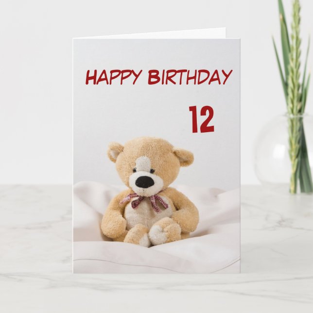 Tarjeta Feliz cumpleaños duodécimo tema del oso de peluche (Anverso)