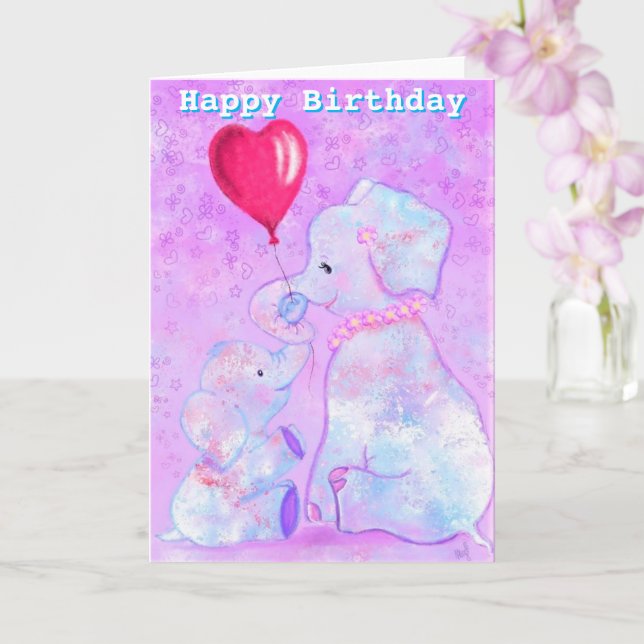 Tarjeta Feliz cumpleaños: Elefante mamá y bebé (Orquídea)