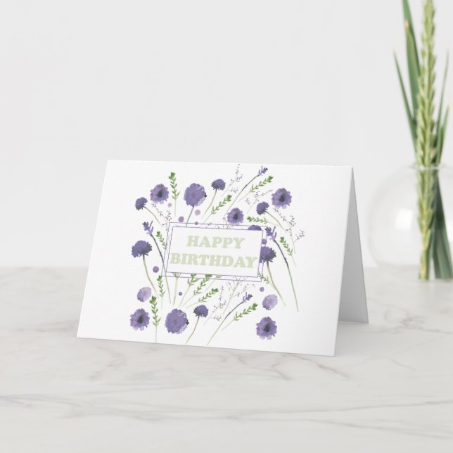 Tarjeta Feliz cumpleaños elegante color morado floral (Anverso)