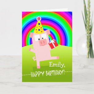 Tarjeta Feliz cumpleaños Emily con cerdo bailarín