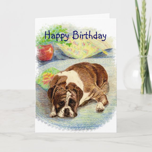 Tarjeta Feliz cumpleaños, emocionado perro con Humor Boxer (Anverso)