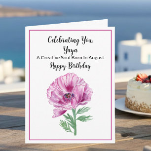 Tarjeta Feliz cumpleaños en agosto Yaya Amapola púrpura