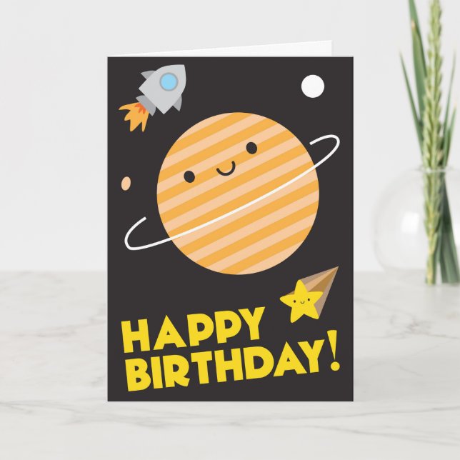 Tarjeta Feliz cumpleaños en el espacio - planeta de Kawaii (Anverso)