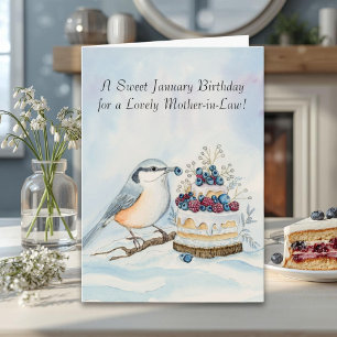Tarjeta Feliz cumpleaños en enero a la suegra Pájaro carpi