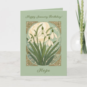 Tarjeta Feliz cumpleaños en enero Galanthus Flores Art Nou