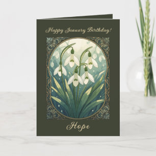 Tarjeta Feliz cumpleaños en enero Galanthus Flores Art Nou