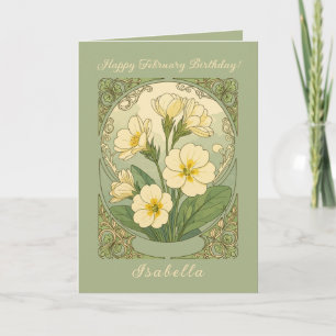 Tarjeta Feliz cumpleaños en febrero, flores de prímula