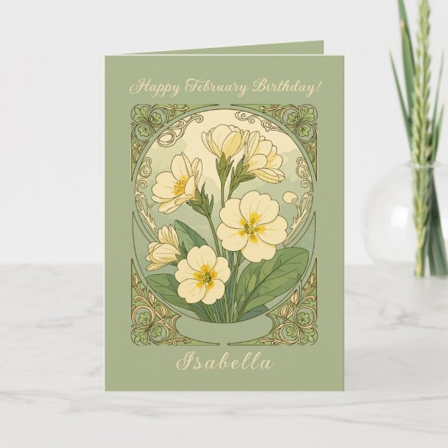Tarjeta Feliz cumpleaños en febrero, flores de prímula (Anverso)