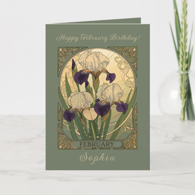 Tarjeta Feliz cumpleaños en febrero Iris Flores (Anverso)