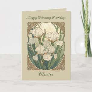 Tarjeta Feliz cumpleaños en febrero Iris Flores Art Nouvea