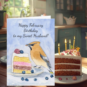 Tarjeta Feliz cumpleaños en febrero para esposo con pastel