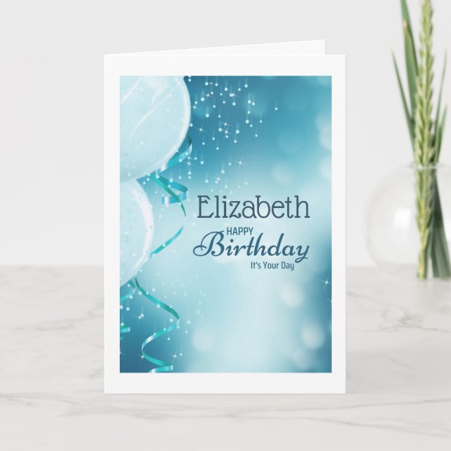Tarjeta Feliz cumpleaños es tu día nombre globos azules (Anverso)