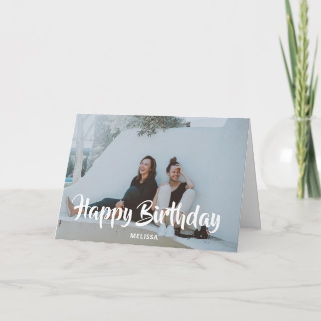 Tarjeta Feliz cumpleaños, escritura de mano moderna, foto (Anverso)