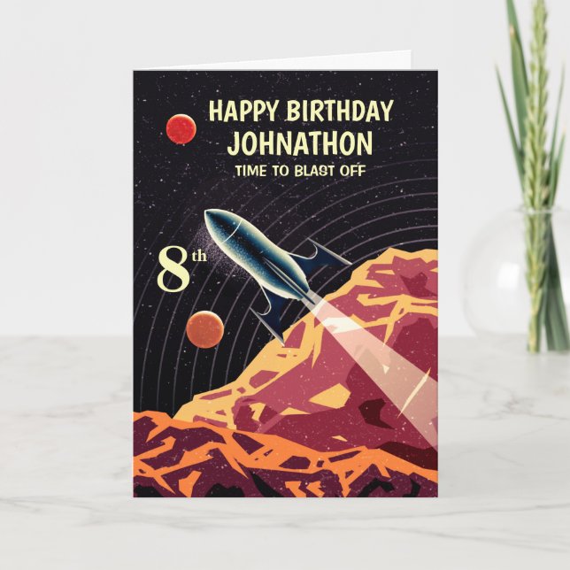 Tarjeta Feliz cumpleaños espacio cohete infantil personali (Anverso)