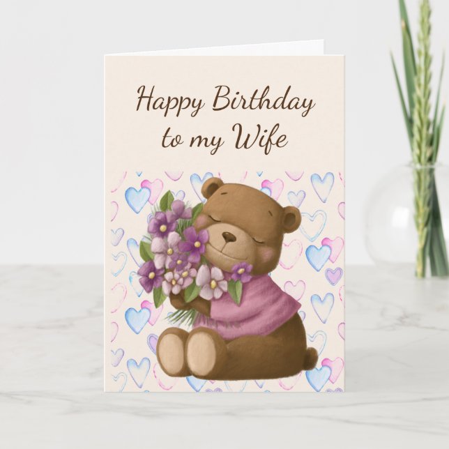 Tarjeta Feliz cumpleaños, esposa ama a las flores de oso a (Anverso)