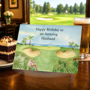 Tarjeta Feliz Cumpleaños Esposo Campo de Golf Tropical